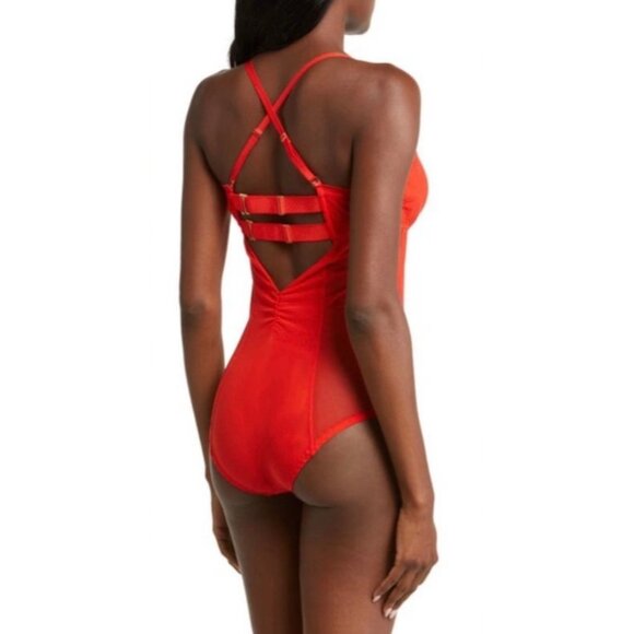 We Are HAH x Revolve NWT Under The Wire Mesh Bodysuit in Blood Orange - Picture 12 of 12